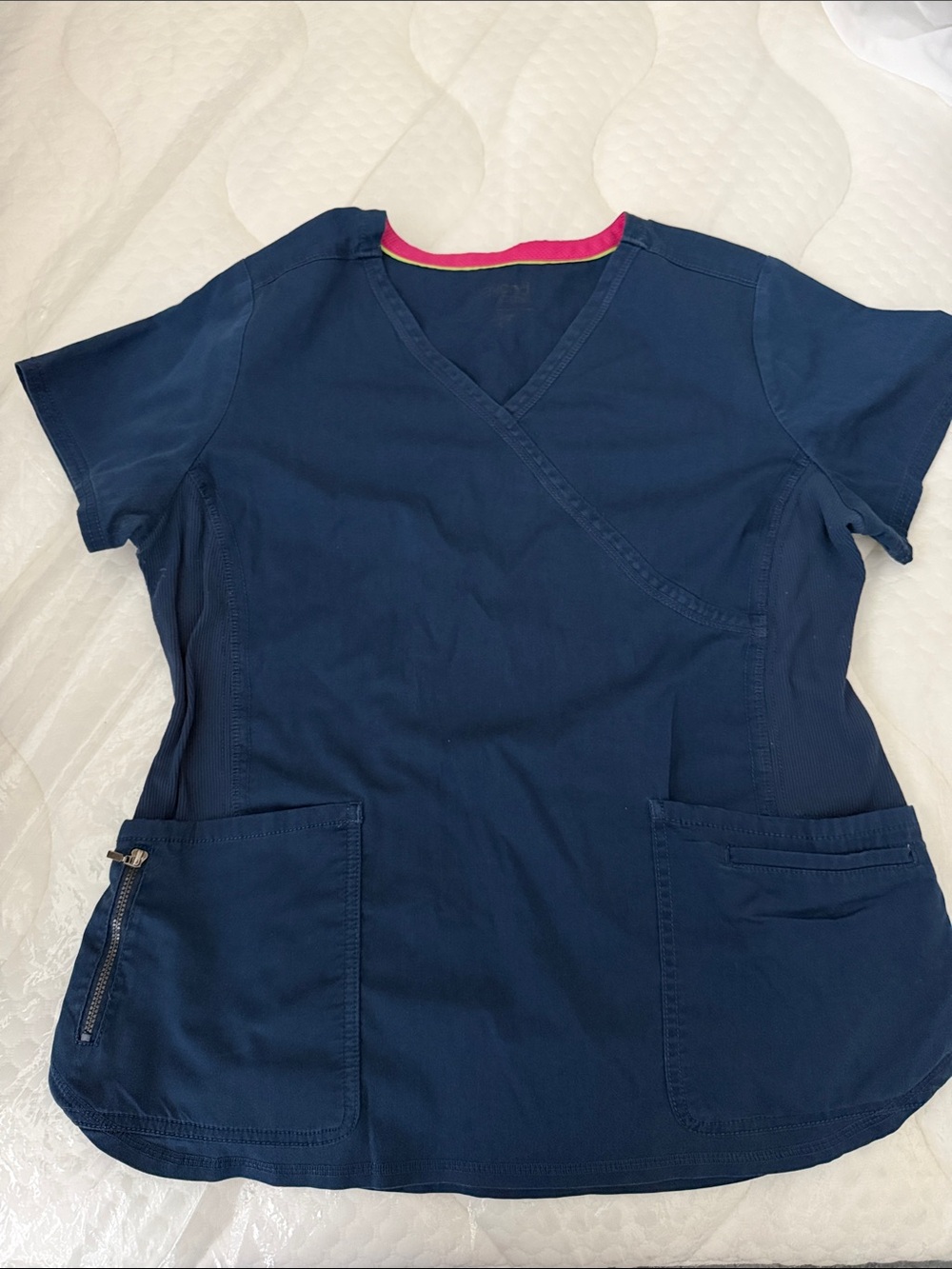 koi Navy Short Sleeve Scrub Top with Pink Neck Trim